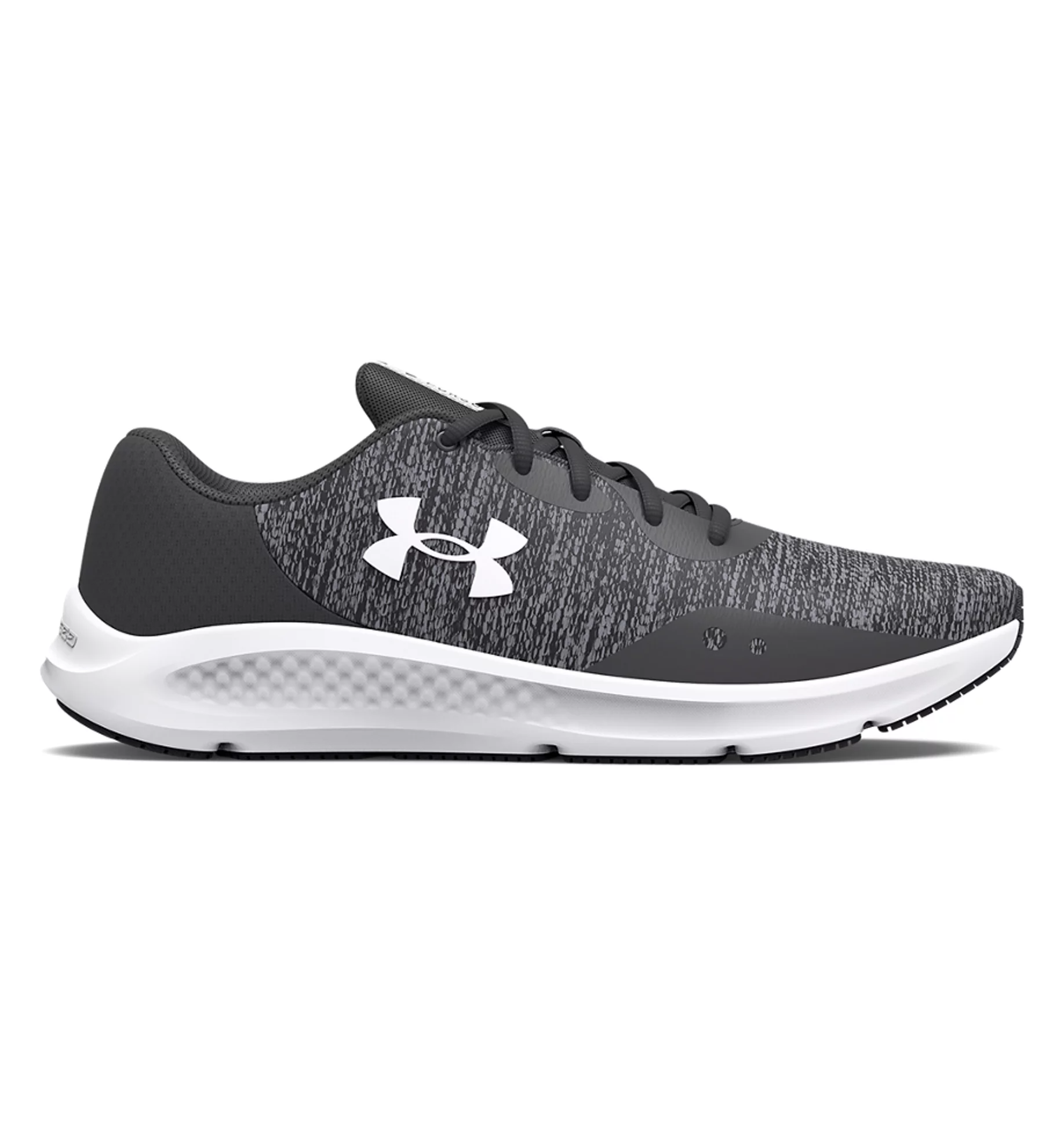 Under Armour UA Charged Pursuit 3 Twist Running Shoes in gray, featuring breathable mesh upper and Charged Cushioning technology.